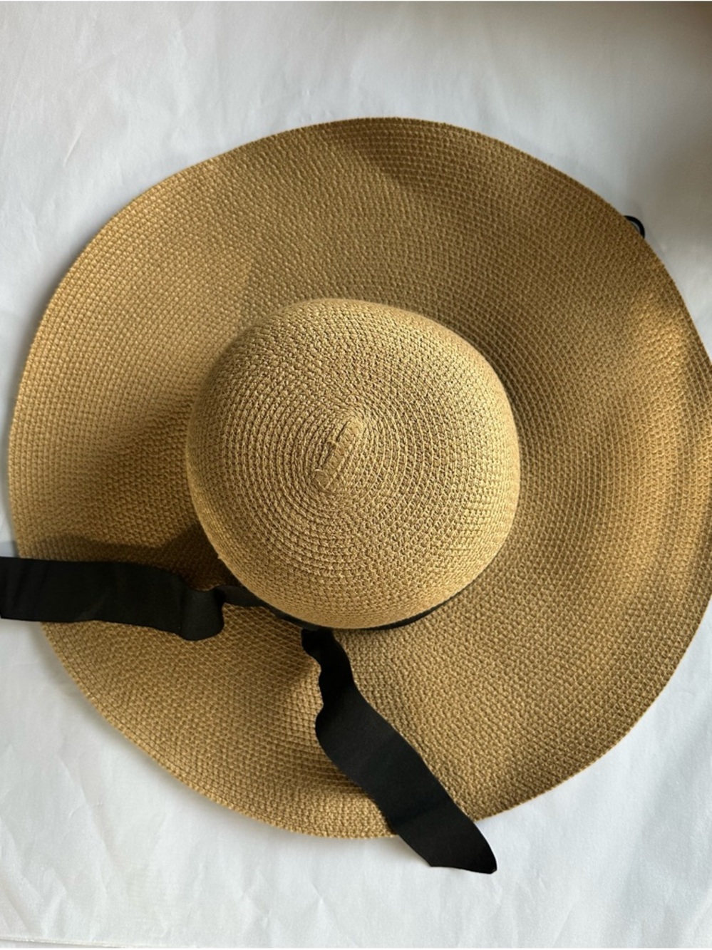 Wide-Brim Straw Sun Hat with Black Ribbon Tie